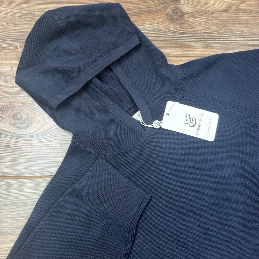 Collars & Co Mens Size 2XL Knit Hoodie Navy Luxury Cotton Ribbed Pullover NEW